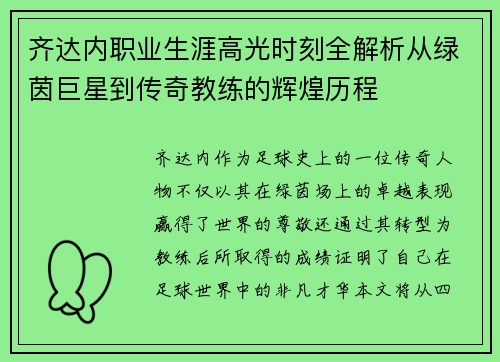 齐达内职业生涯高光时刻全解析从绿茵巨星到传奇教练的辉煌历程